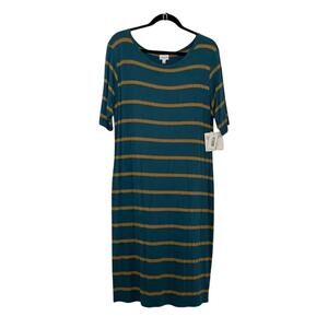 NWT LuLaRoe Julia dress 2XL 2X striped teal yellow bodycon preppy classic core